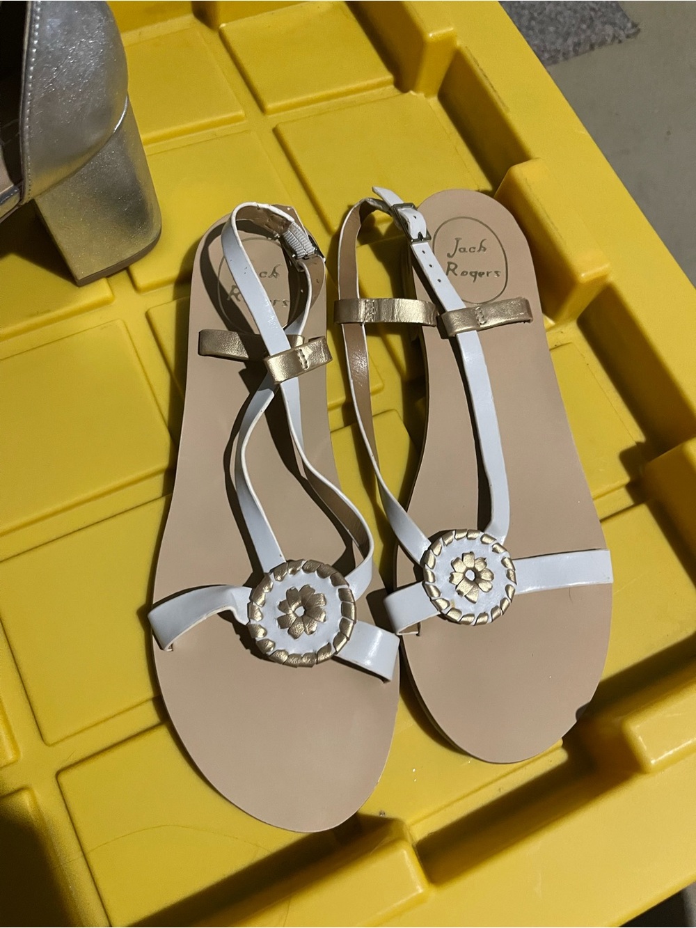 Jack Rogers White and Gold T-Strap Medallion Sandals